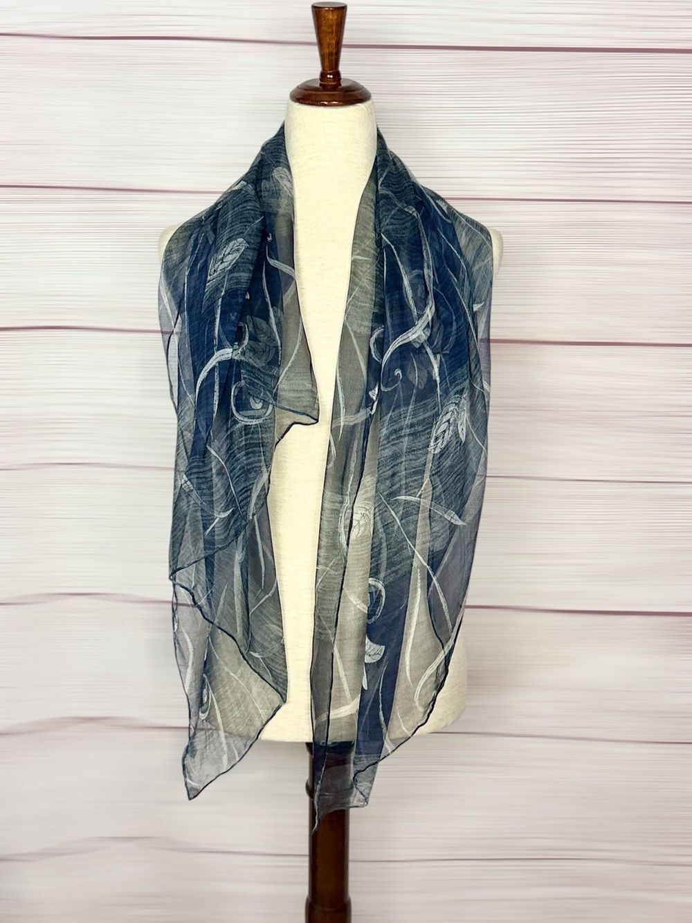 NWT HUALI Silk Chiffon Scarf Dark Blue Floral Sheer Lightweight Hand Rolled